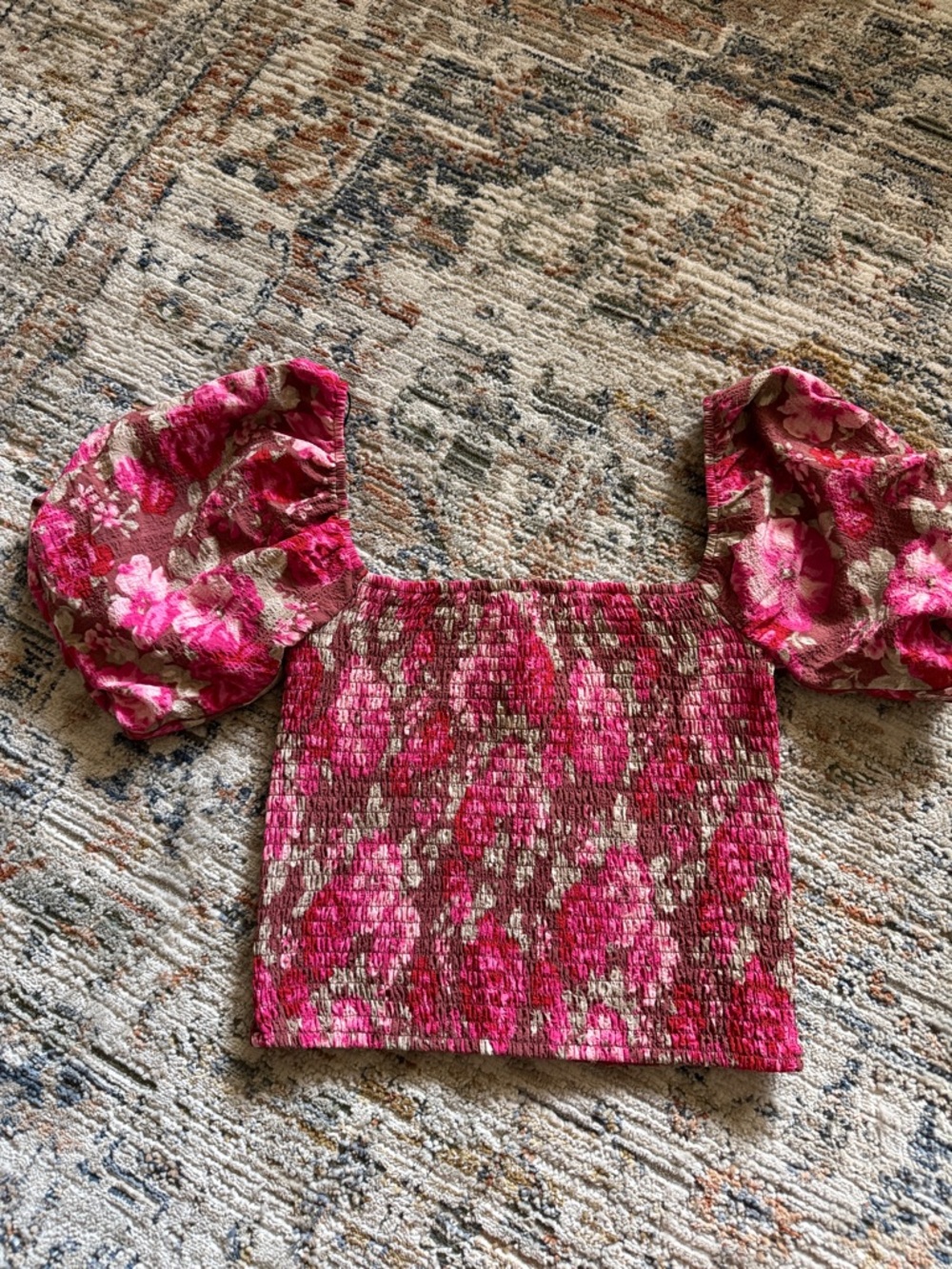 Forever 21 Pink and Cream Smocked Floral Top